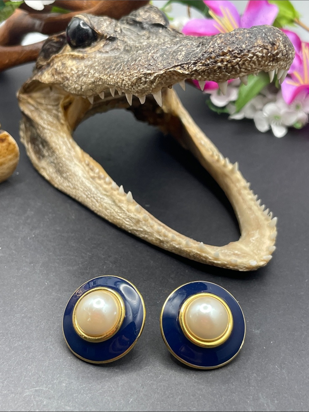 Monet faux pearl blue and gold tone pierced earrings